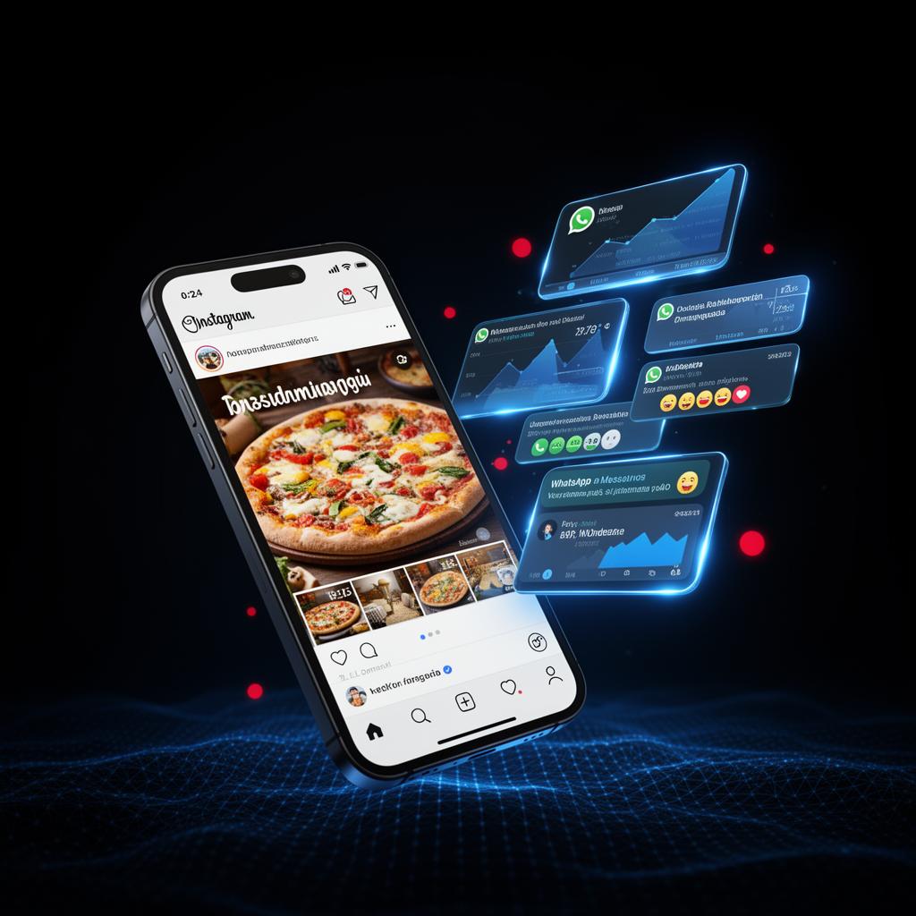 Celular mostrando Instagram de pizzaria local com mensagens chegando no WhatsApp